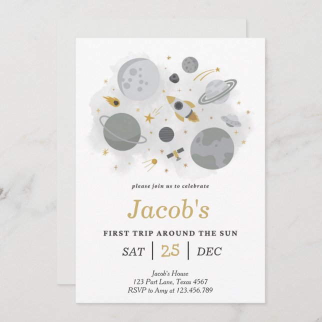 Astronaut Space First Trip Around The Sun Birthday Invitation (Front/Back)