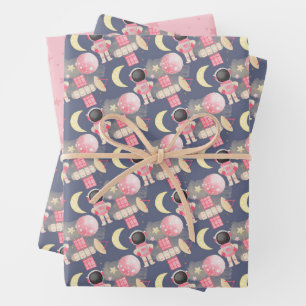 Astronaut Space Girl Pattern Wrapping Paper Sheet