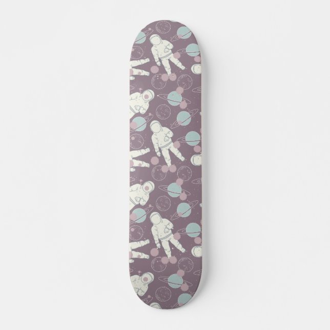 Astronaut Space Planets Purple Blue Pattern Skateboard (Front)