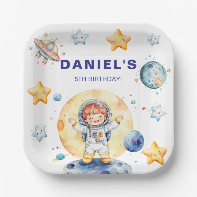 Astronaut Space-Themed Custom Birthday Party Paper Plate (Front)