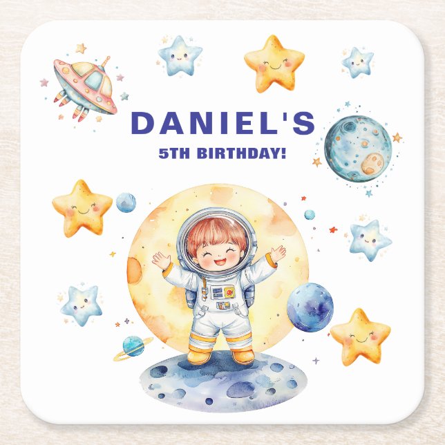 Astronaut Space-Themed Custom Birthday Party Square Paper Coaster (Front)