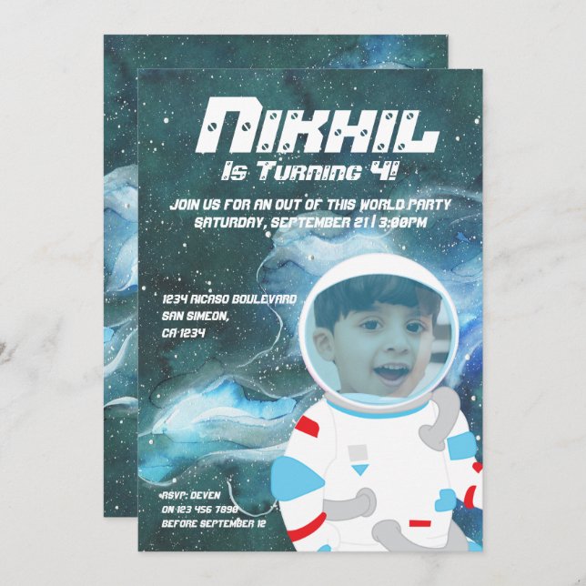 Astronaut Spaceman Galaxy Birthday Party Invitation (Front/Back)