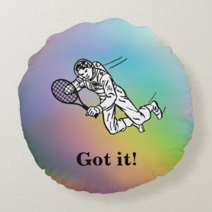 Astronaut Spaceman Tennis Player With Text Round Cushion