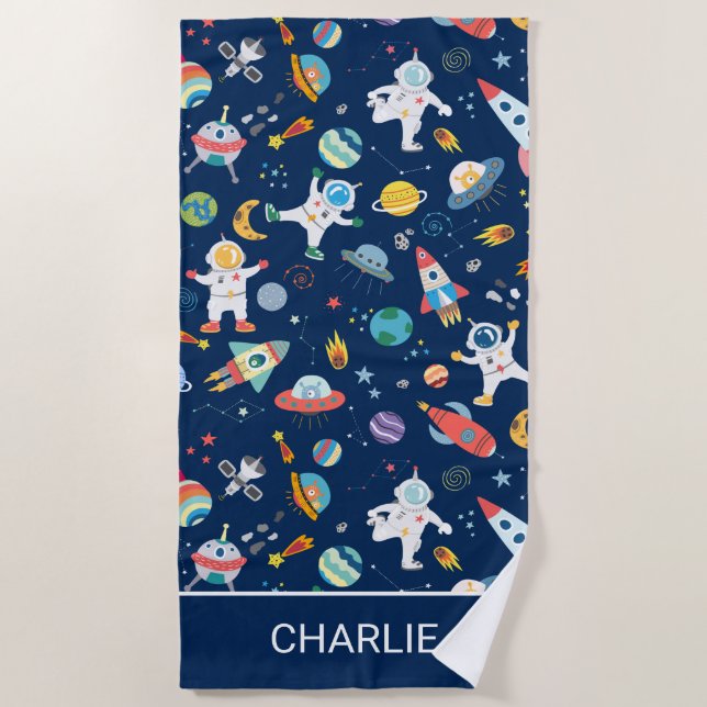 Astronaut Spaceships Outer Space Personalised Kids Beach Towel (Front)