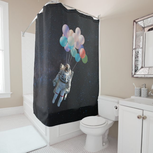 Astronaut Stars & Space Colourful Balloons Shower Curtain (In Situ)