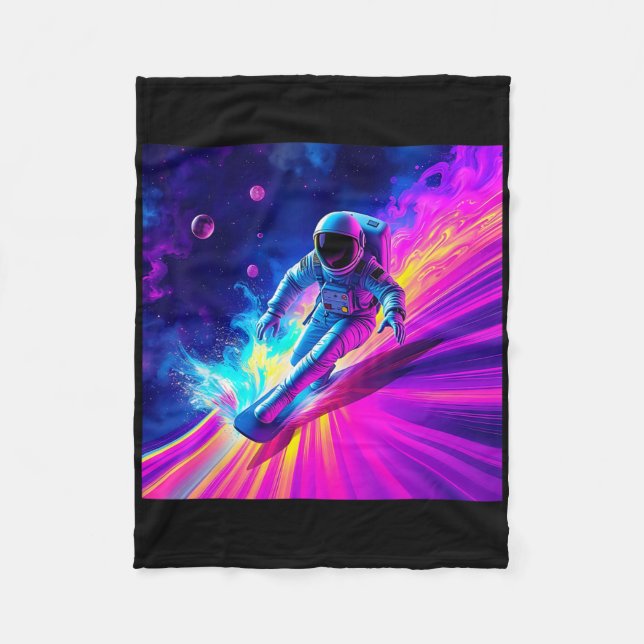 Astronaut Surfing Cosmic Rainbow Wave Graphic Desi Fleece Blanket (Front)