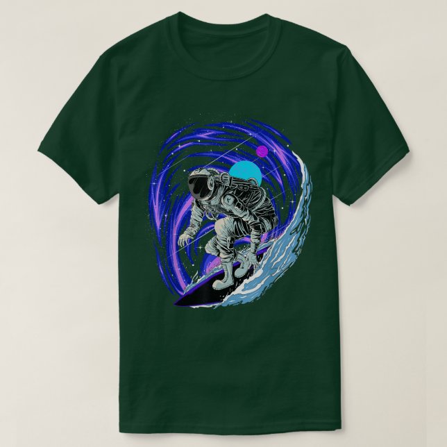 Astronaut Surfing in Outer Space Surfer Surfboarde T-Shirt (Design Front)