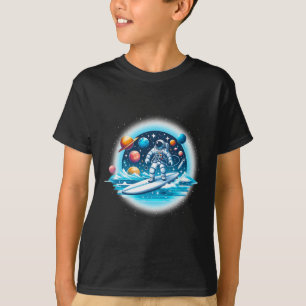 Astronaut Surfing In Space Boys Girls Stem Kids T-Shirt