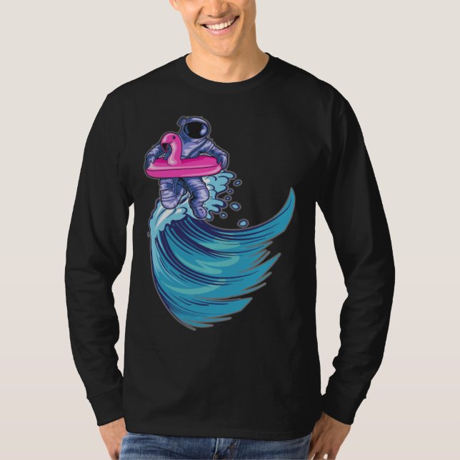 Astronaut Surfing Ocean Waves With Pink Flamingo F T-Shirt (Front)