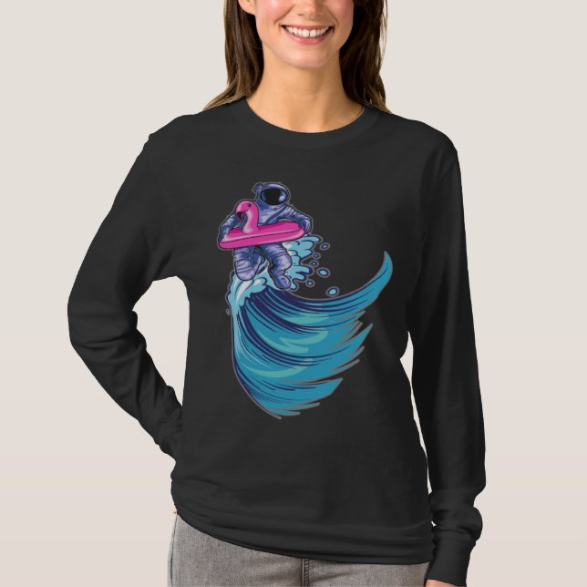 Astronaut Surfing Ocean Waves With Pink Flamingo F T-Shirt (Front)