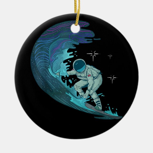 Astronaut Surfing, Outer Space,Sky Stars, Space Su Ceramic Tree Decoration (Front)