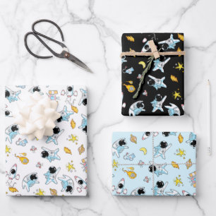 Astronaut theme in space wrapping paper sheet