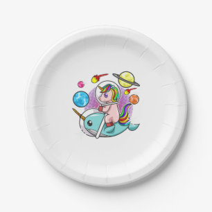 Astronaut Unicorn Riding Narwhal Space Universe Paper Plate