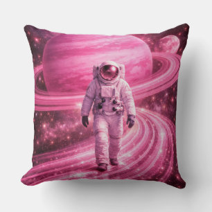 Astronaut Walking on Pink Rings Cushion