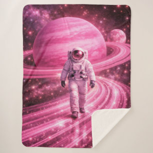 Astronaut Walking on Pink Rings Sherpa Blanket
