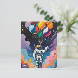 Astronaut with colourful balloons in space postcard