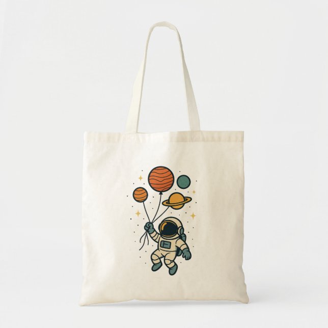 Astronaut with Planet Balloons – Whimsical Space Tote Bag (Front)