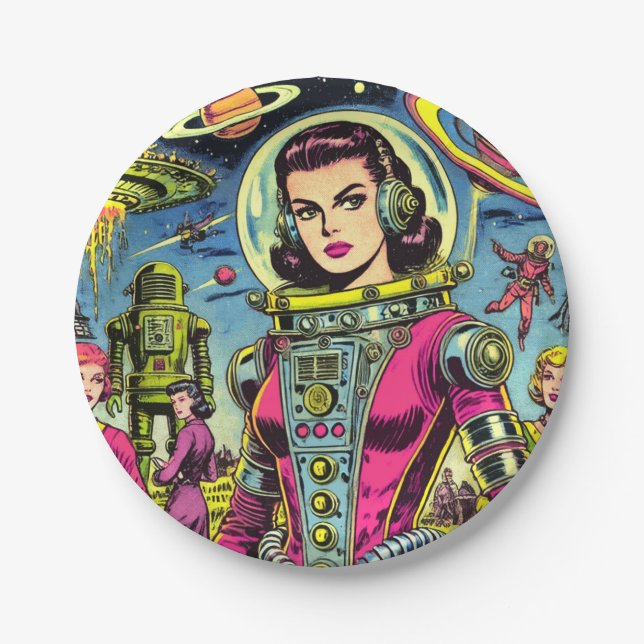 Astronaut Woman Vintage Sci-Fi Comics Paper Plate (Front)