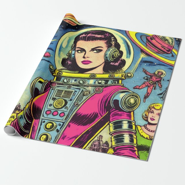 Astronaut Woman Vintage Sci-Fi Comics Wrapping Paper (Unrolled)