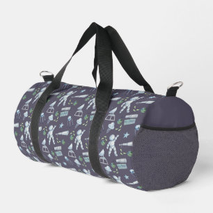 Astronauts and Accessories On Blue Duffle Bag