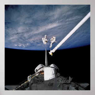 Astronauts conduct spacewalk above Discovery Poster