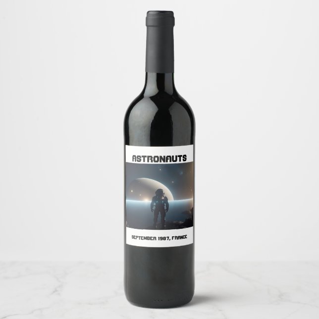 Astronauts floating in the universe wine label (Front)