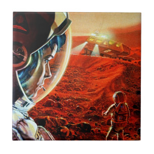 Astronauts on Mars in a Dust Storm - Retro Space Tile