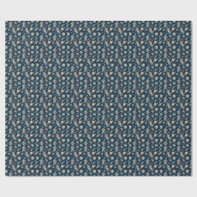 Astronauts & Planets Comic - Sci-Fi Space Pattern Wrapping Paper (Flat)