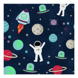 Astronauts Planets Rockets and Aliens Poster