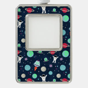 Astronauts Planets Rockets and Aliens Silver Plated Framed Ornament
