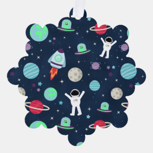 Astronauts Planets Rockets and Aliens Tree Decoration Card