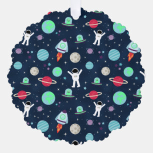 Astronauts Planets Rockets and Aliens Tree Decoration Card