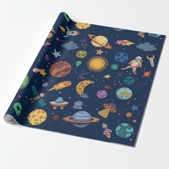 Astronauts Planets Space, Back To School Kid's Wrapping Paper (Unrolled)