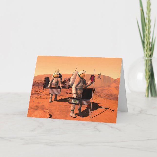 Astronauts Setting Up Weather Equipment On Mars. Card (Front)