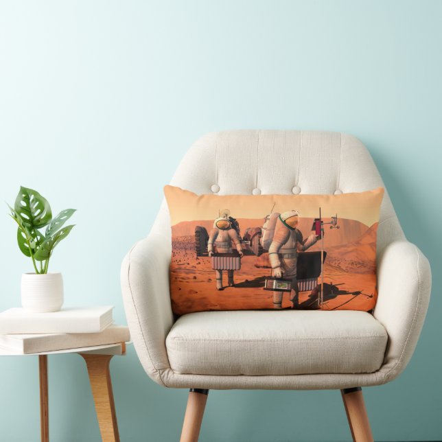 Astronauts Setting Up Weather Equipment On Mars. Lumbar Cushion (Chair)