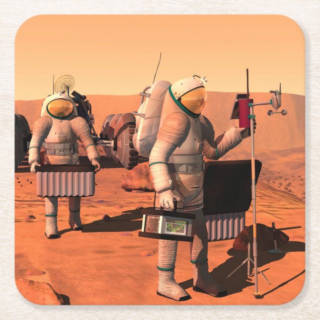 Astronauts Setting Up Weather Equipment On Mars. Square Paper Coaster (Front)
