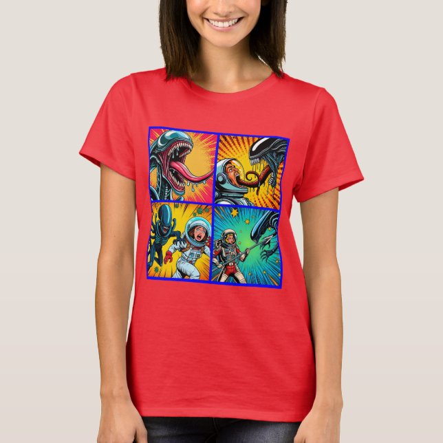 Astronauts vs Alien Pop Art T-Shirt (Front)
