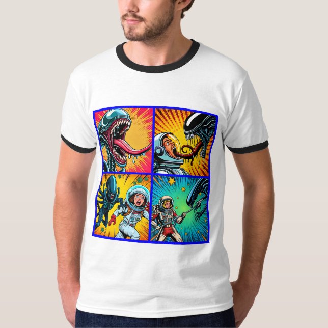 Astronauts vs Alien Pop Art T-Shirt (Front)