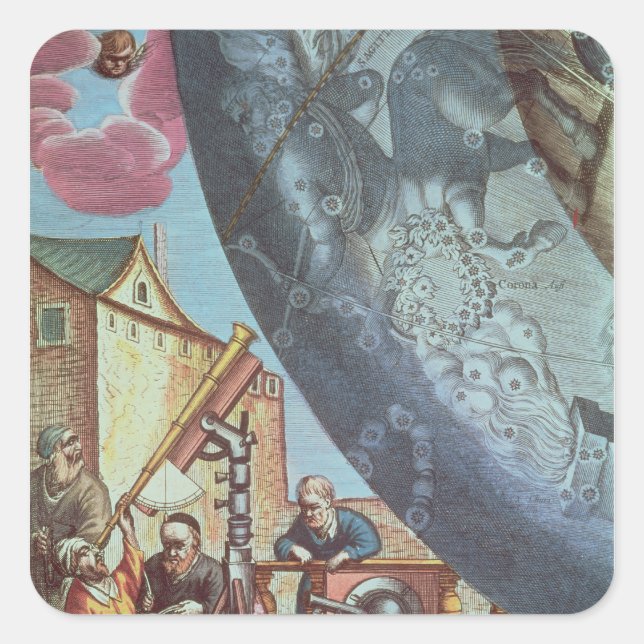 Astronomers looking through a telescope square sticker (Front)