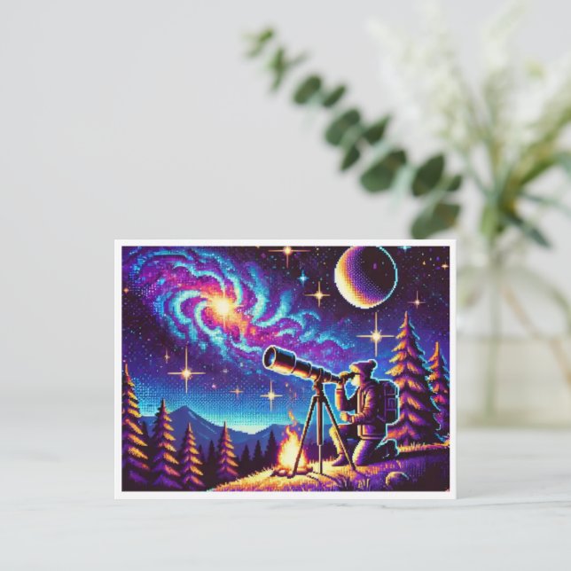 Astronomy Day Stargazing Pixel Art Postcard (Standing Front)