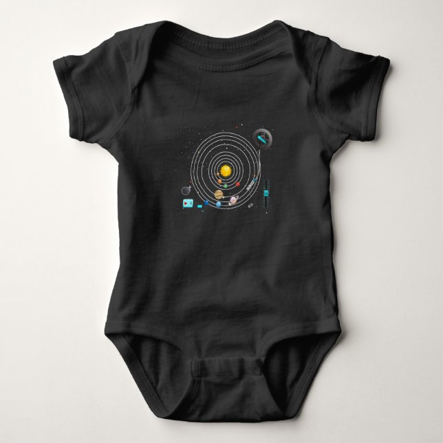 Astronomy Planets Vinyls Turntable DJ Solar System Baby Bodysuit (Front)