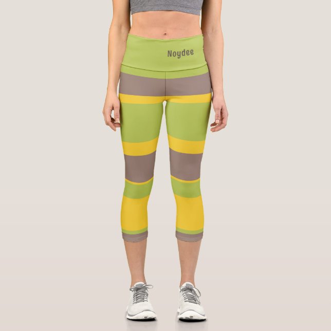 Asymmetric Stripes Lines Brown Yellow Green Capri Leggings (Front)