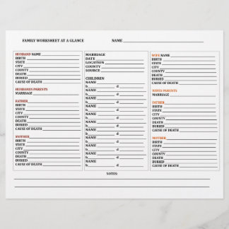 At A Glance Genealogy Family Tree Group Work Sheet