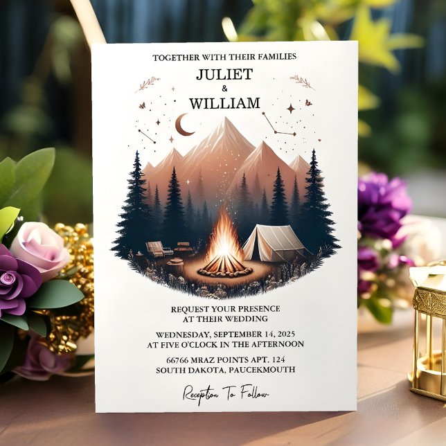 At Cabin Forest Wood Sky Tree Fire Camping Wedding Invitation (Creator Uploaded)