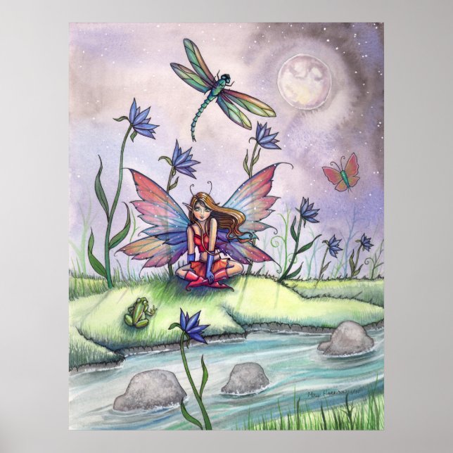At Dusk Fairy Dragonfly Frog Poster Print (Front)