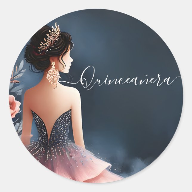 At Glam Ball Gown Spark Dark Navy Blue Quinceanera Classic Round Sticker (Front)