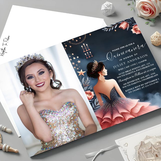 At Glam Ball Gown Spark Dark Navy Blue Quinceanera Invitation (Creator Uploaded)