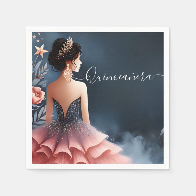 At Glam Ball Gown Spark Dark Navy Blue Quinceanera Napkin (Front)