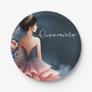 At Glam Ball Gown Spark Dark Navy Blue Quinceanera Paper Plate