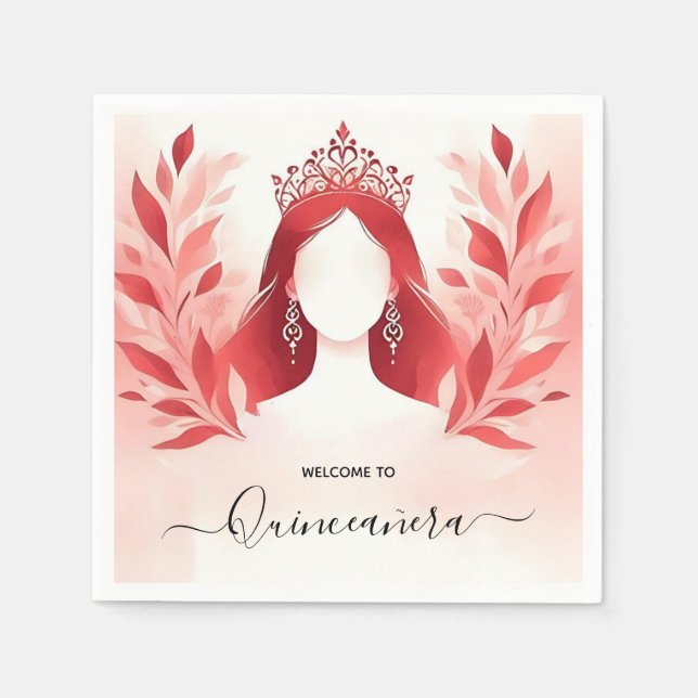 At Hot Pink Crown Tiara Black Lace Red Quinceanera Napkin (Front)